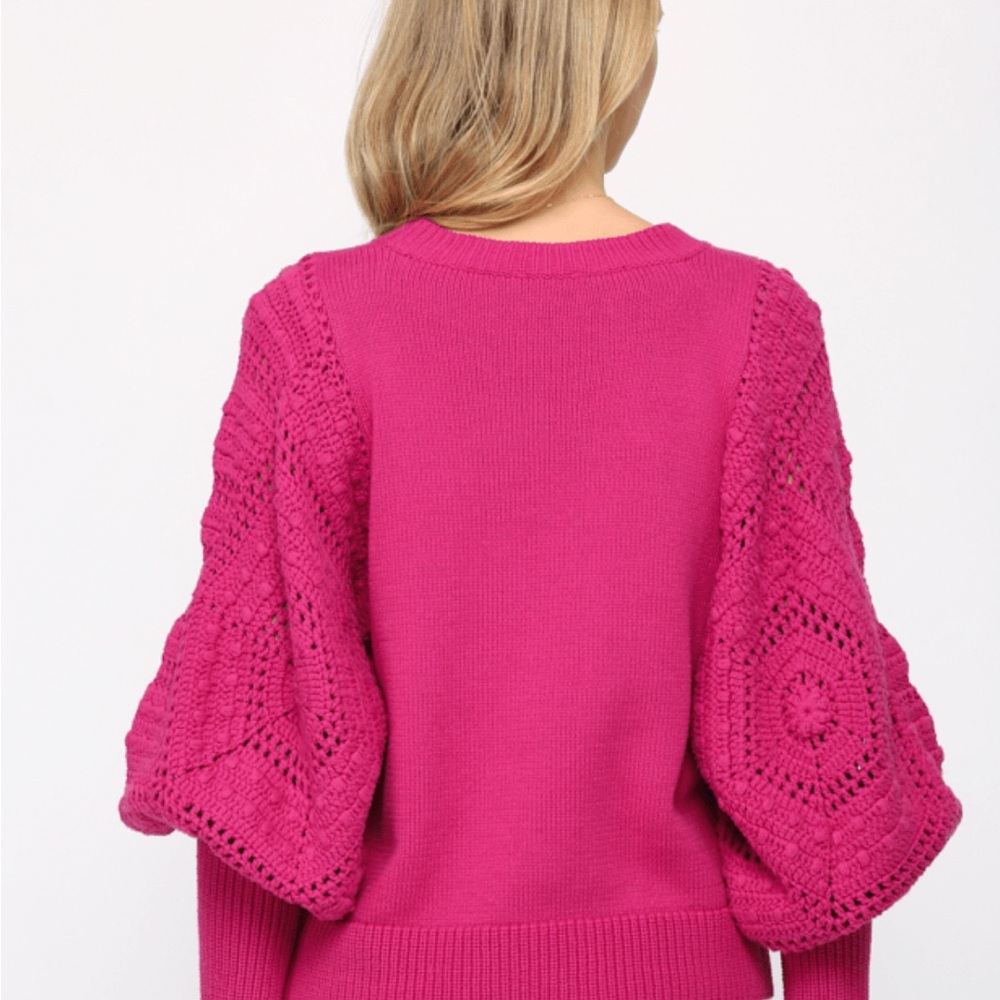 🩷FATE HOT PINK BARBIE CORE HAND KNIT CROCHET BALLOON SLEEVE SWEATER SIZE MEDIUM - Picture 3 of 13